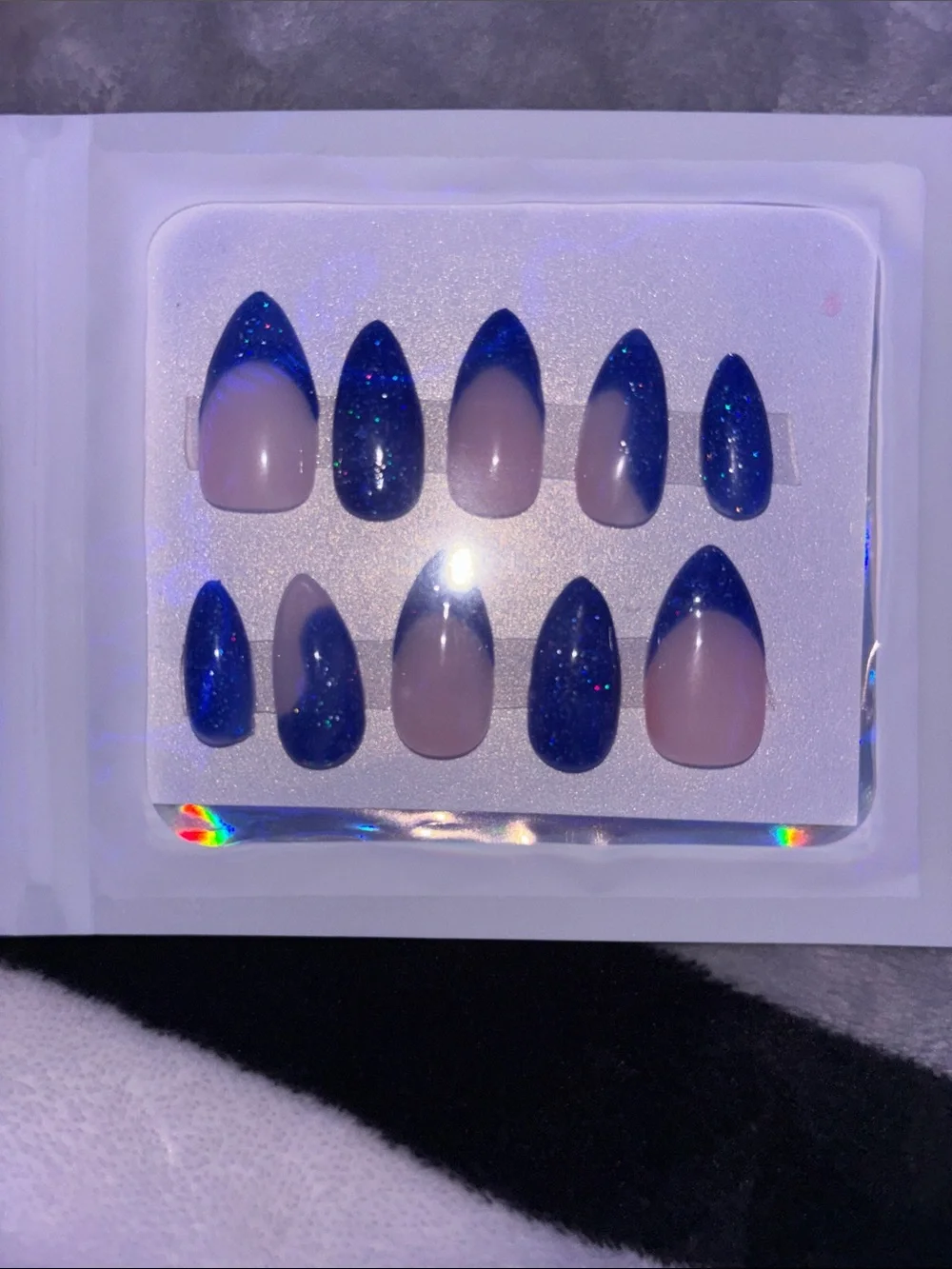 Press-On Nail Set - Blue and Nude Glitter Accent